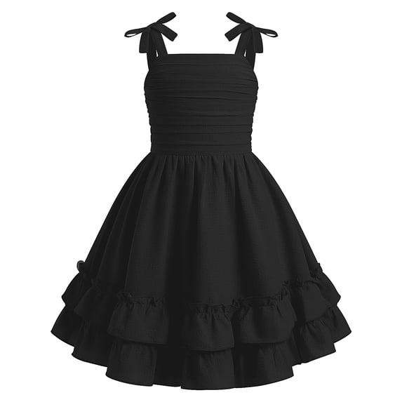 IBTOM CASTLE Girls Summer Dresses Sleeveless Cami Dress Spaghetti Straps Birthday Party Casual Fancy Midi 2 Layerr Sundress Beach Square Neck Kids Smocked Black