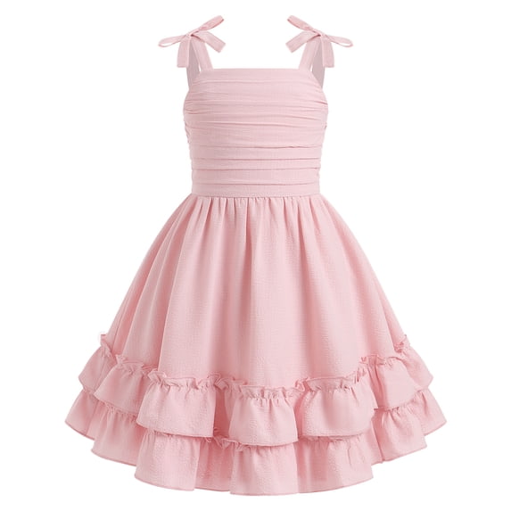 IBTOM CASTLE Girls Summer Dresses Sleeveless Cami Dress Spaghetti Straps Birthday Party Casual Fancy Midi 2 Layerr Sundress Beach Square Neck Kids Smocked Pink