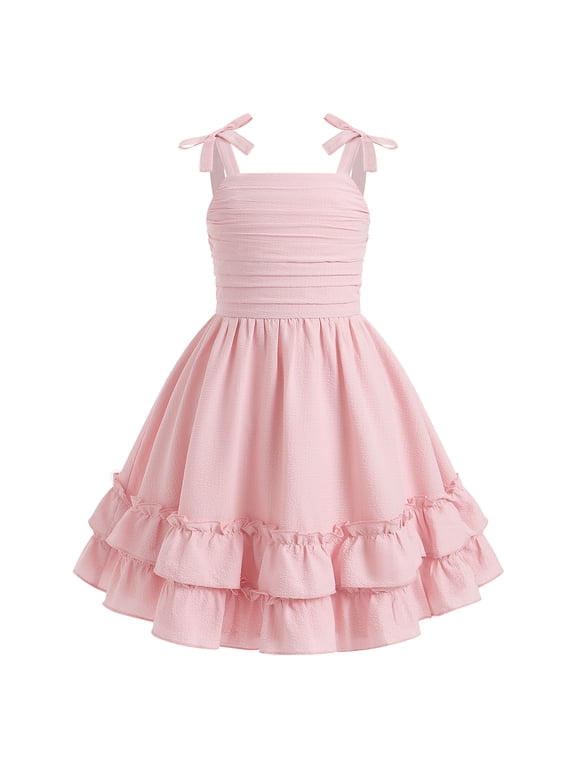 Girls Summer Dresses Sleeveless Cami Dress Spaghetti Straps Birthday Party Casual Fancy Midi 2 Layerr Sundress Beach Square Neck Kids Smocked Pink