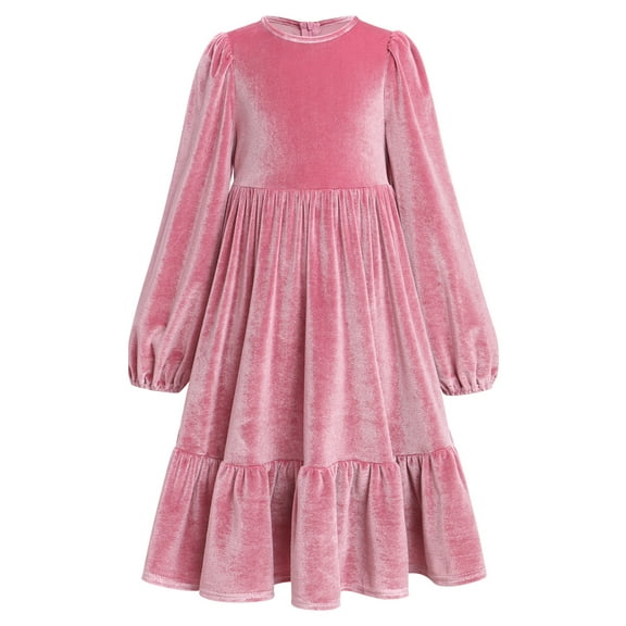 IBTOM CASTLE Girls Vintage Velvet Dress Long Sleeve Casual Wedding Party Princess Pageant Maxi Gown Fall Winter Holiday Clothes 11-12 Years Pink