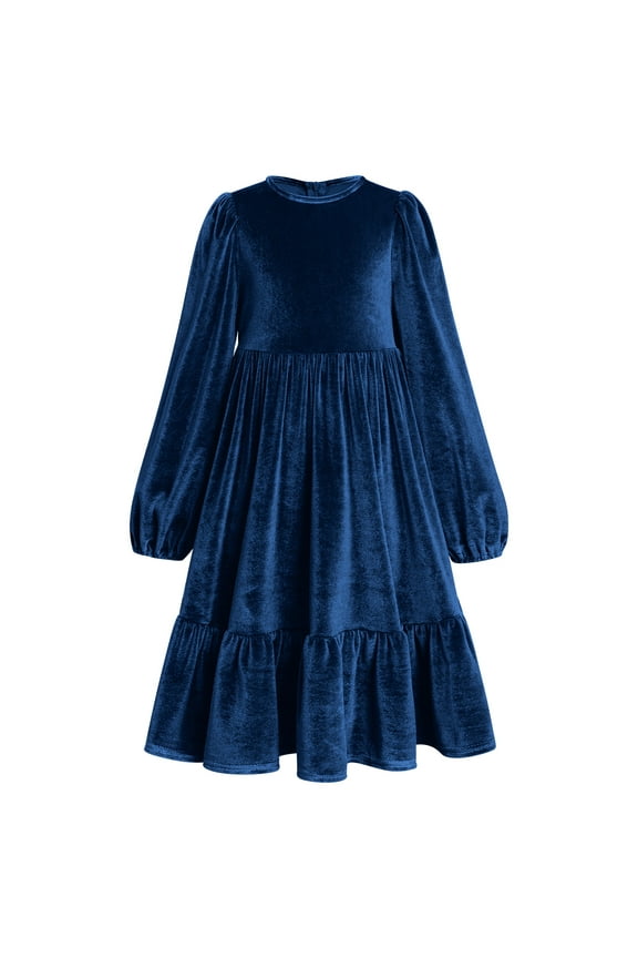 Girls Vintage Velvet Dress Long Sleeve Casual Wedding Party Princess Pageant Maxi Gown Fall Winter Holiday Clothes 7-8 Years Royal Blue