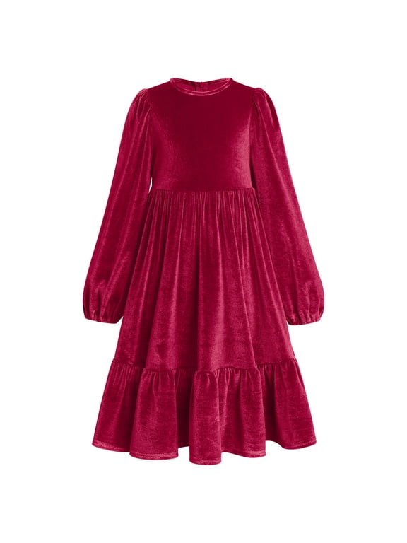 Girls Vintage Velvet Dress Long Sleeve Casual Wedding Party Princess Pageant Maxi Gown Fall Winter Holiday Clothes 9-10 Years Red