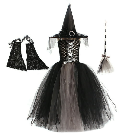 IBTOM CASTLE Girls Witch Halloween Costume Witch Dress up with Broom Hat Cosplay Party Photo Shoot Outfit for Kids 8-10 Years Gray