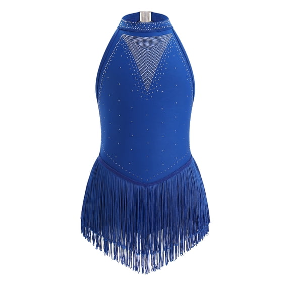 IBTOM CASTLE Halter Tassel Latin Dance Dress for Girls Sparkly Rhinestone Fringe Bodysuit Kids Ballroom Dancing Leotards Salsa Jazz Outfit 7-8 Years Blue