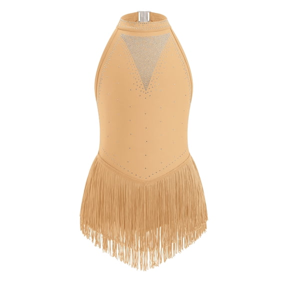 IBTOM CASTLE Halter Tassel Latin Dance Dress for Girls Sparkly Rhinestone Fringe Bodysuit Kids Ballroom Dancing Leotards Salsa Jazz Outfit Gold