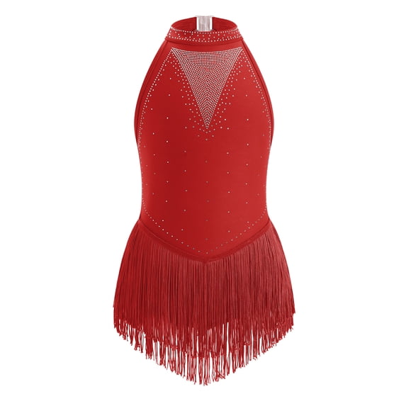 IBTOM CASTLE Halter Tassel Latin Dance Dress for Girls Sparkly Rhinestone Fringe Bodysuit Kids Ballroom Dancing Leotards Salsa Jazz Outfit Red