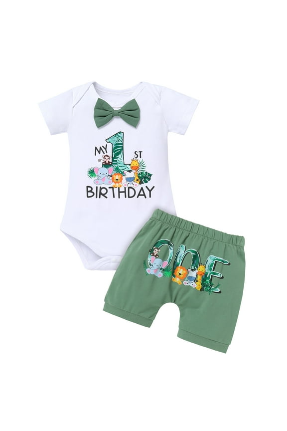Infant Baby Boys Jungle Woodland Sea Animals 1st Birthday Outfit Bowtie Romper + Short Pants Cake Smash Photo Shoot Clothes Set 12-18 Months Teal Blue Boxer