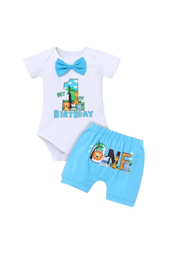 Infant Baby Boys Jungle Woodland Sea Animals 1st Birthday Outfit Bowtie Romper + Short Pants Cake Smash Photo Shoot Clothes Set 12-18 Months Blue Boxer