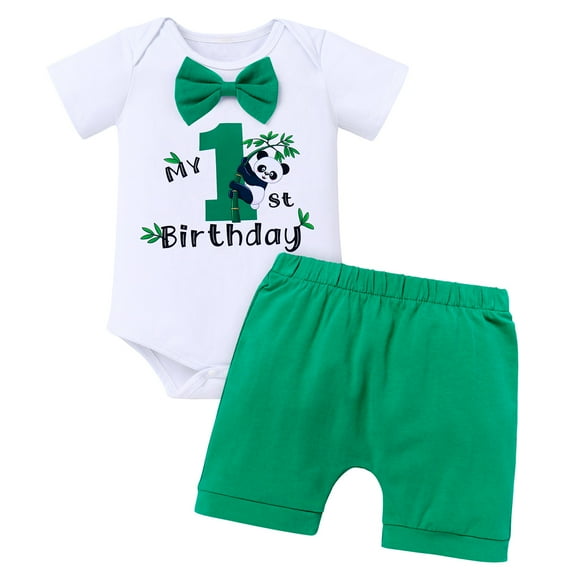 IBTOM CASTLE Infant Baby Boys Jungle Woodland Sea Animals 1st Birthday Outfit Bowtie Romper + Short Pants Cake Smash Photo Shoot Clothes Set 12 Months Green Panda Boxer