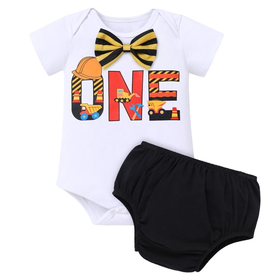 IBTOM CASTLE Infant Baby Boys Jungle Woodland Sea Animals 1st Birthday Outfit Bowtie Romper   Short Pants Cake Smash Photo Shoot Clothes Set 12 Months Excavator Brief