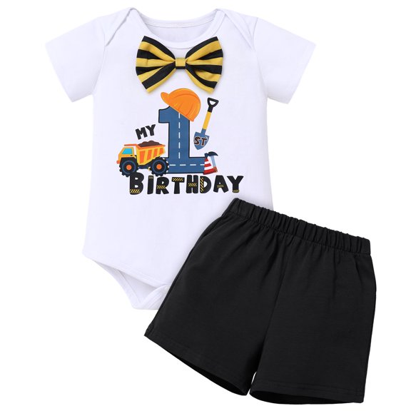 IBTOM CASTLE Infant Baby Boys Jungle Woodland Sea Animals 1st Birthday Outfit Bowtie Romper   Short Pants Cake Smash Photo Shoot Clothes Set 12 Months Excavator Boxer