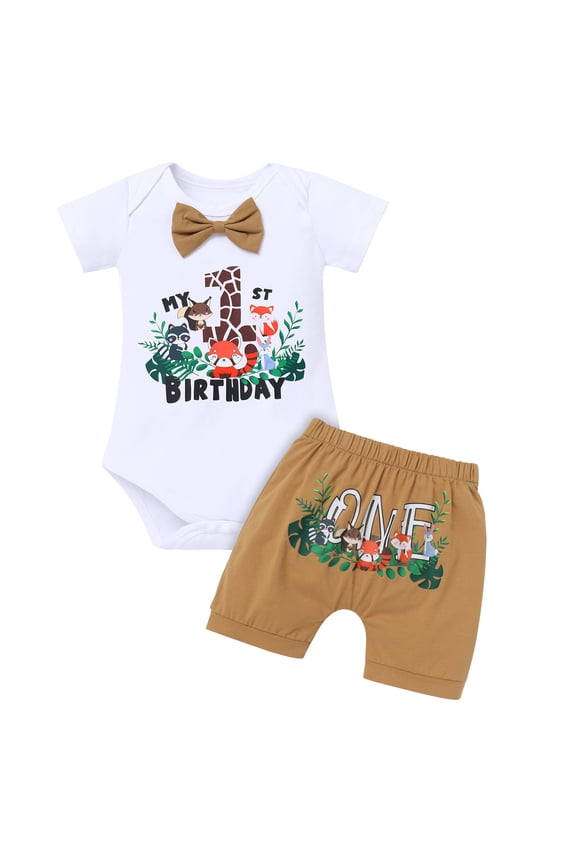 Infant Baby Boys Jungle Woodland Sea Animals 1st Birthday Outfit Bowtie Romper + Short Pants Cake Smash Photo Shoot Clothes Set 6-12 Months Khaki Boxer
