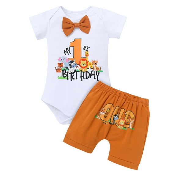 IBTOM CASTLE Infant Baby Boys Jungle Woodland Sea Animals 1st Birthday Outfit Bowtie Romper + Short Pants Cake Smash Photo Shoot Clothes Set 6-12 Months Brown Boxer