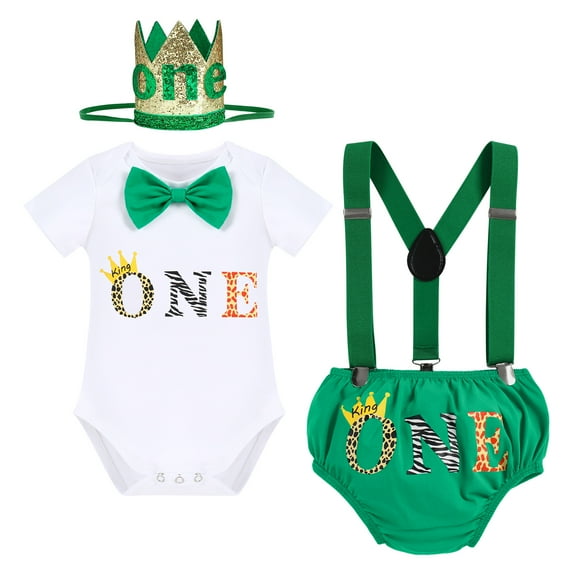 IBTOM CASTLE Infant Baby Boys Wild One First Birthday Outfit Bowtie Romper+Suspenders+Pants+Headband Cake Smash Clothes Set, 4-Piece