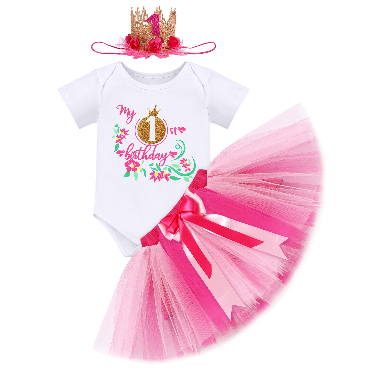 IBTOM CASTLE Infant Baby Girl One Year Old Birthday Outfit Floral Lace Party Cake Smash Romper + Tutu Skirt + Crown Clothes Set for Photo Shoot 1 Year Hot Pink - Crown 1st Birthday