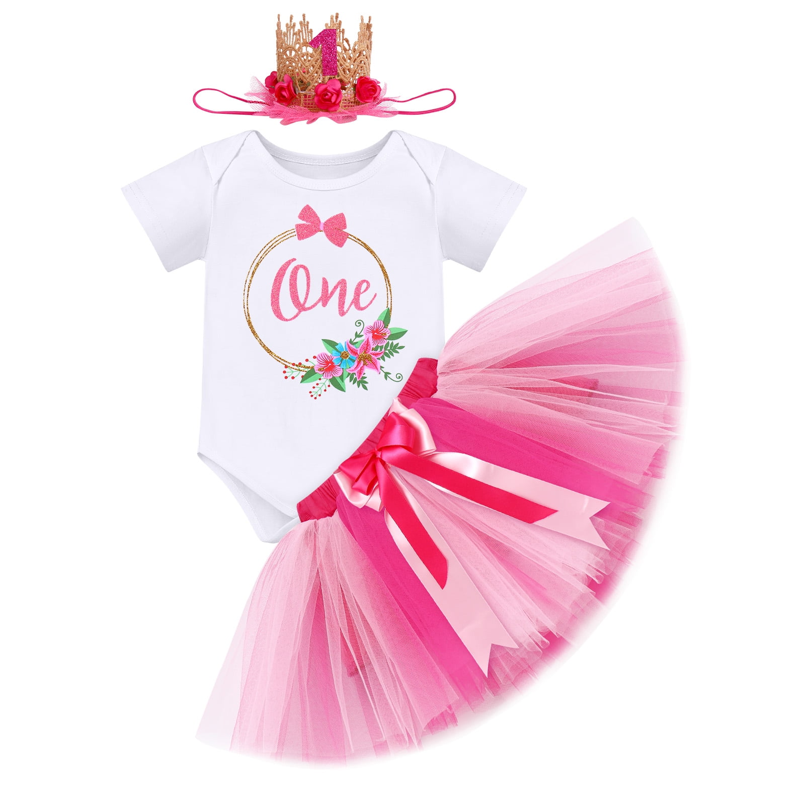 IBTOM CASTLE Infant Baby Girl One Year Old Birthday Outfit Floral Lace Party Cake Smash Romper + Tutu Skirt + Crown Clothes Set for Photo Shoot 1 Year Hot Pink - Flower