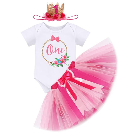 IBTOM CASTLE Infant Baby Girl One Year Old Birthday Outfit Floral Lace Party Cake Smash Romper + Tutu Skirt + Crown Clothes Set for Photo Shoot 1 Year Hot Pink - Flower
