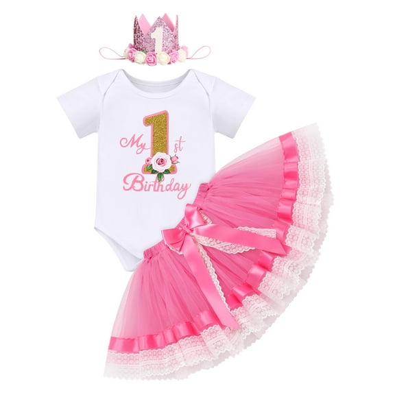 IBTOM CASTLE Infant Baby Girl One Year Old Birthday Outfit Floral Lace Party Cake Smash Romper   Tutu Skirt   Crown Clothes Set for Photo Shoot 1 Year Hot Pink - My 1st Birthday