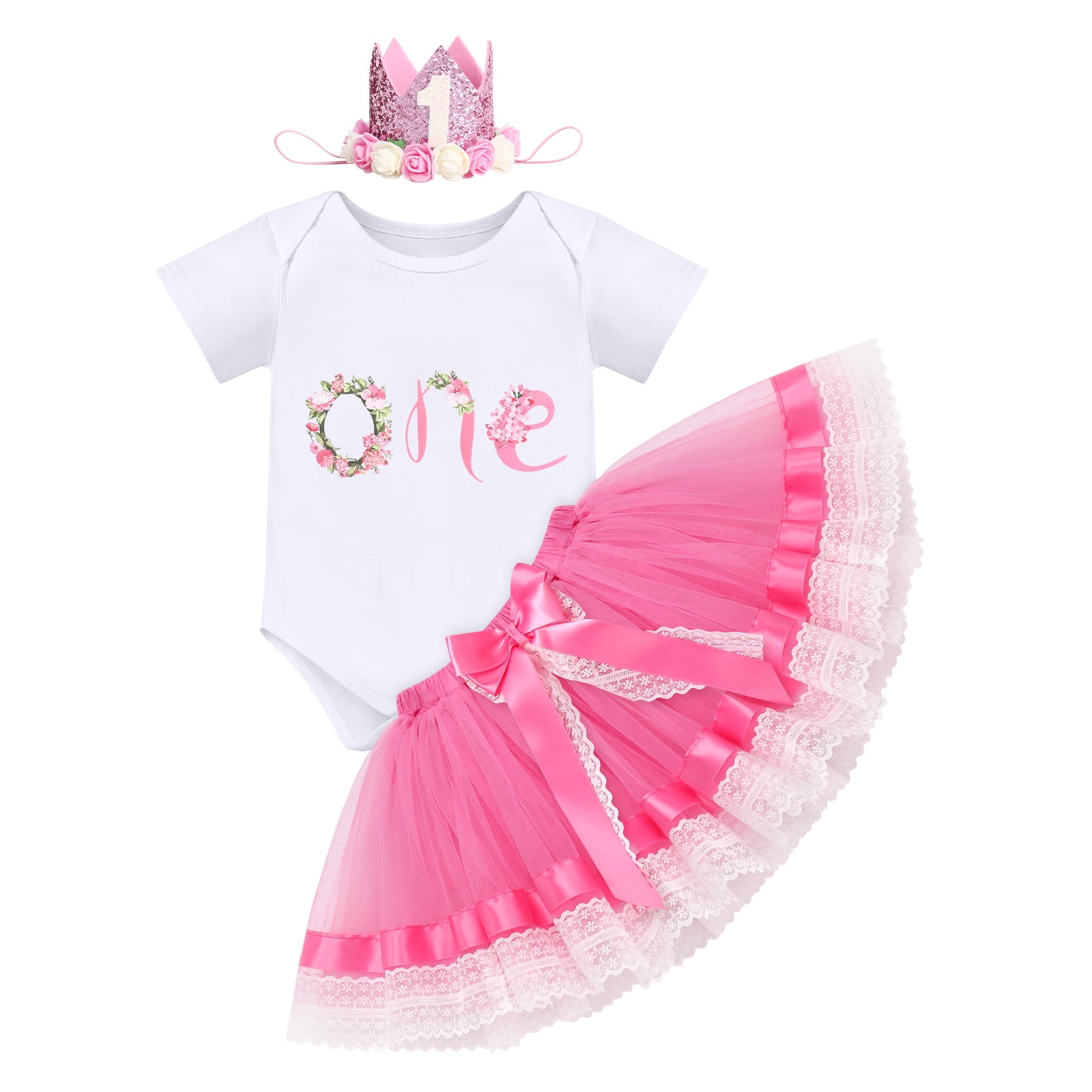 IBTOM CASTLE Infant Baby Girl One Year Old Birthday Outfit Floral Lace Party Cake Smash Romper + Tutu Skirt + Crown Clothes Set for Photo Shoot 1 Year Hot Pink - Lace