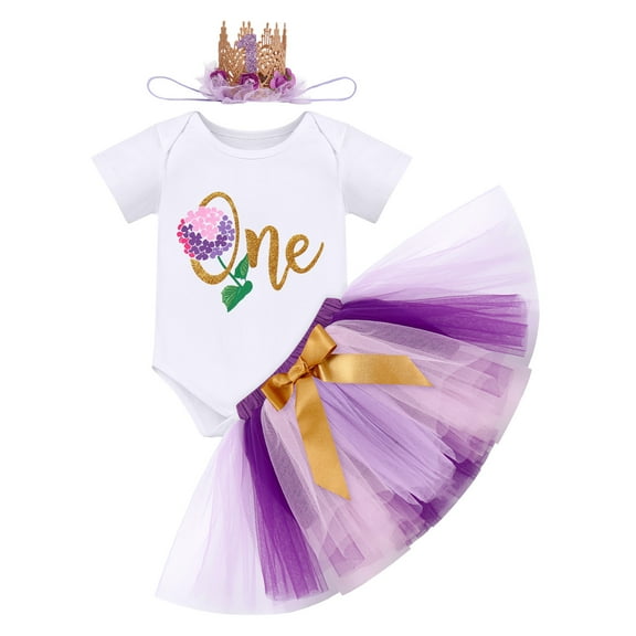 IBTOM CASTLE Infant Baby Girl One Year Old Birthday Outfit Floral Lace Party Cake Smash Romper   Tutu Skirt   Crown Clothes Set for Photo Shoot 1 Year Purple - Flower