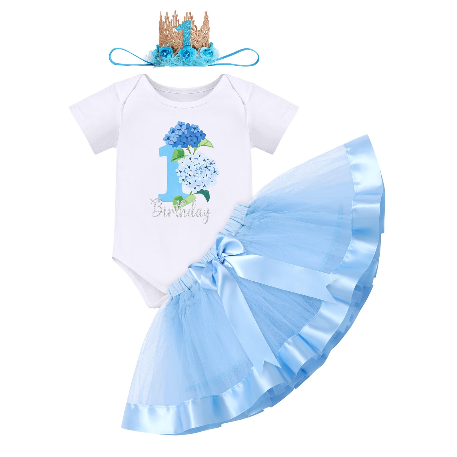 IBTOM CASTLE Infant Baby Girl One Year Old Birthday Outfit Floral Lace Party Cake Smash Romper + Tutu Skirt + Crown Clothes Set for Photo Shoot 1 Year Blue - Flower