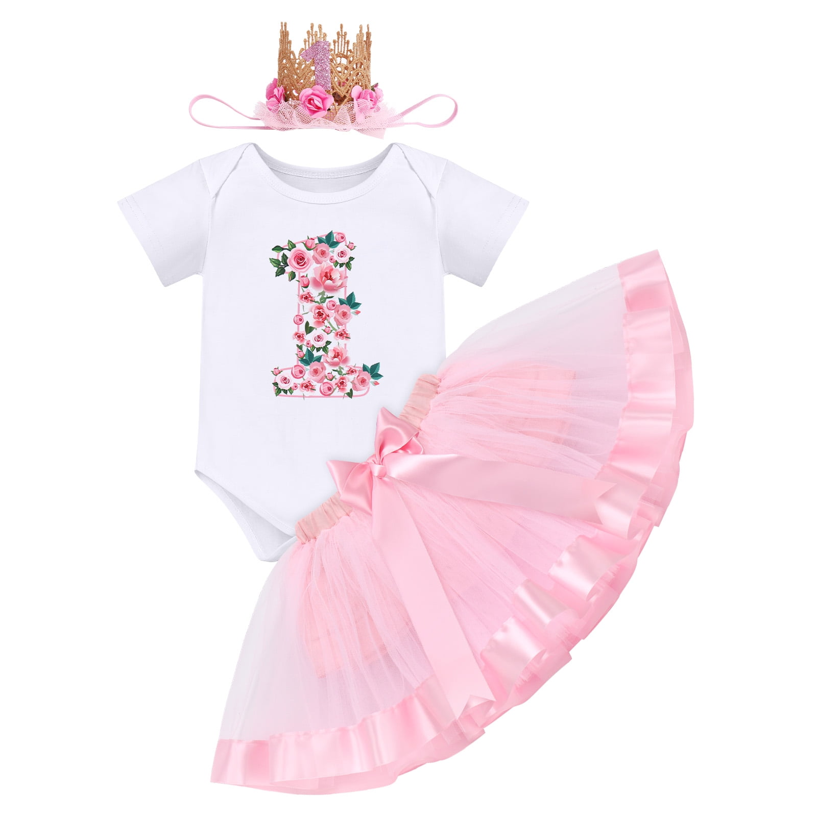 IBTOM CASTLE Infant Baby Girl One Year Old Birthday Outfit Floral Lace Party Cake Smash Romper + Tutu Skirt + Crown Clothes Set for Photo Shoot 1 Year Pink - Flower
