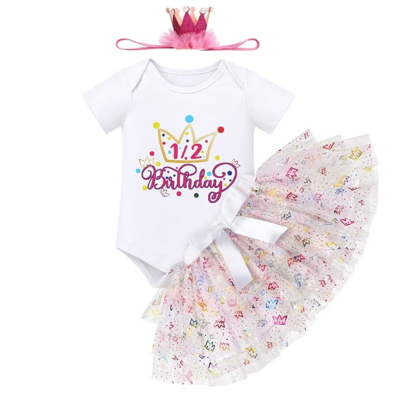 IBTOM CASTLE Infant Baby Girls 1/2 Birthday Outfit Princess Romper Tutu Skirt Sequin Crown Headband Clothes Set for Cake Smash Photo Prop 9-12 Months White