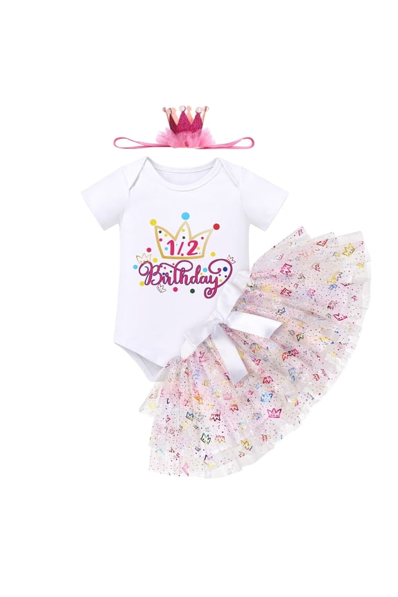 Infant Baby Girls 1/2 Birthday Outfit Princess Romper Tutu Skirt Sequin Crown Headband Clothes Set for Cake Smash Photo Prop 9-12 Months White