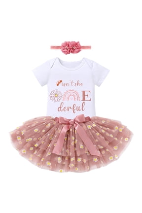 Infant Baby Girls 1st Birthday Outfits Short Sleeve Romper + Tutu Skirt + Headband 3PCS Set for Cake Smash Photoshoot 1 Year Dusty Pink & Daisy