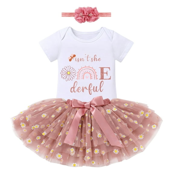 IBTOM CASTLE Infant Baby Girls 1st Birthday Outfits Short Sleeve Romper + Tutu Skirt + Headband 3PCS Set for Cake Smash Photoshoot 1 Year Dusty Pink & Daisy