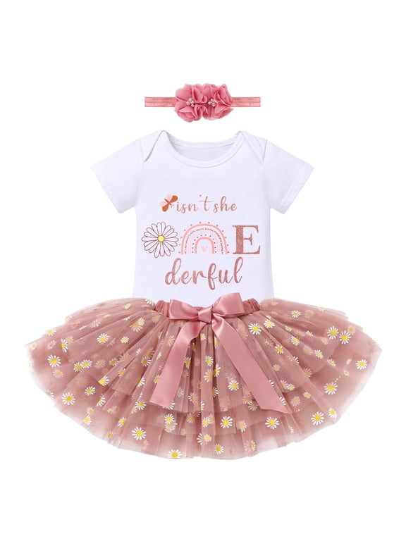 Infant Baby Girls 1st Birthday Outfits Short Sleeve Romper + Tutu Skirt + Headband 3PCS Set for Cake Smash Photoshoot 1 Year Dusty Pink & Daisy