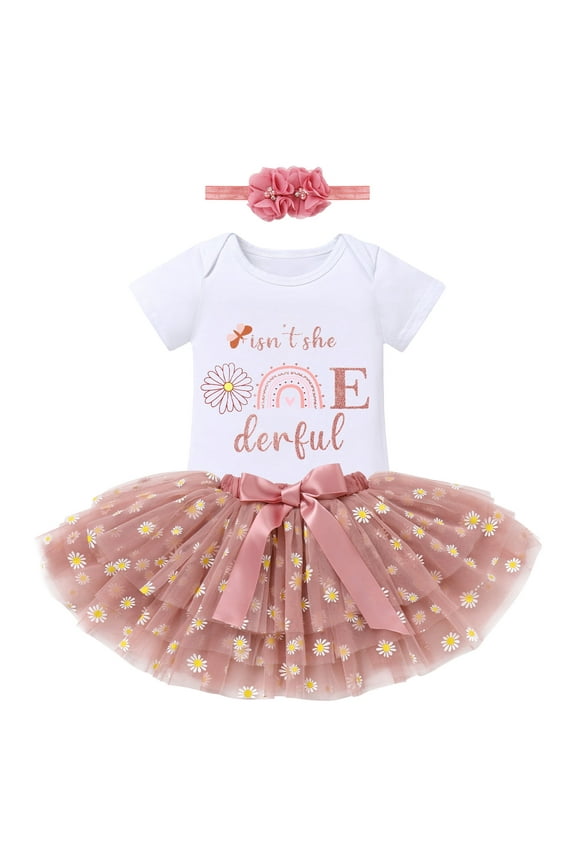 Infant Baby Girls 1st Birthday Outfits Short Sleeve Romper + Tutu Skirt + Headband 3PCS Set for Cake Smash Photoshoot 1 Year Dusty Pink & Daisy