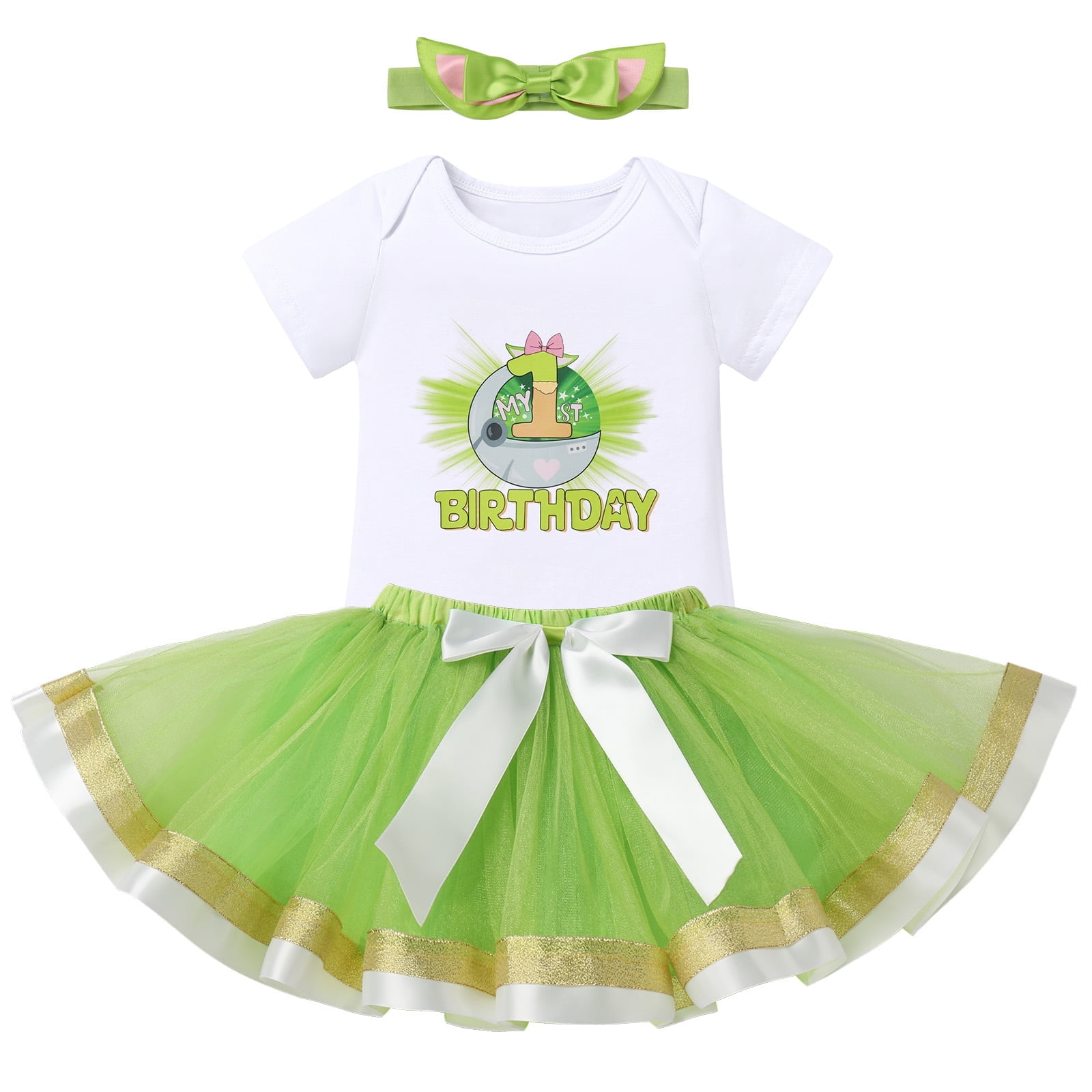 IBTOM CASTLE Infant Baby Girls 1st Birthday Outfits Short Sleeve Romper + Tutu Skirt + Headband 3PCS Set for Cake Smash Photoshoot 1 Year Green