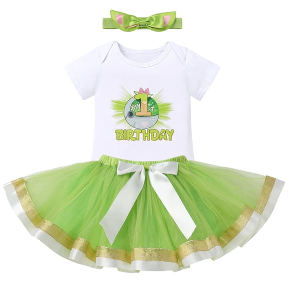 IBTOM CASTLE Infant Baby Girls 1st Birthday Outfits Short Sleeve Romper Tutu Skirt Headband 3PCS Set for Cake Smash Photoshoot 1 Year Green