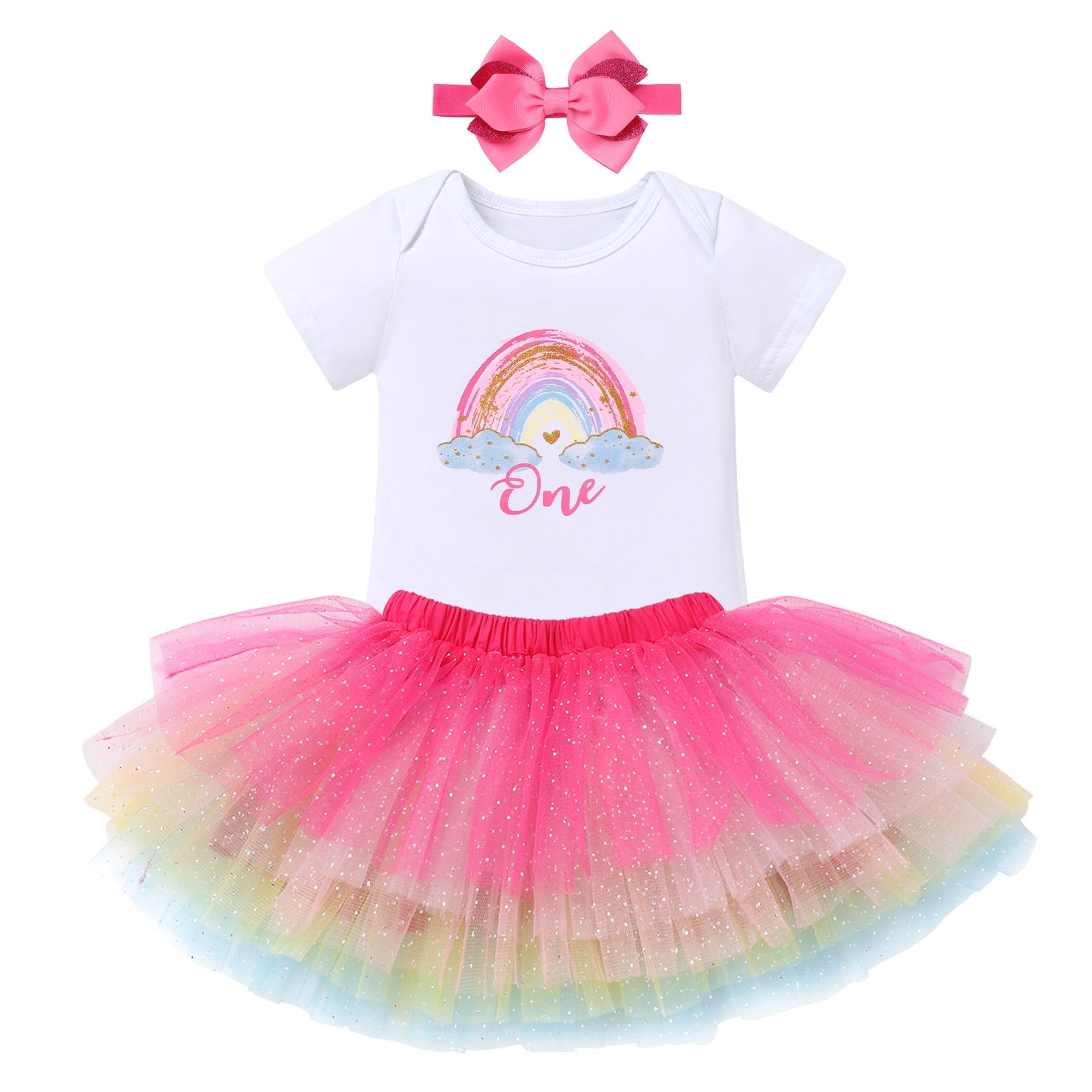IBTOM CASTLE Infant Baby Girls 1st Birthday Outfits Short Sleeve Romper + Tutu Skirt + Headband 3PCS Set for Cake Smash Photoshoot 1 Year Hot Pink