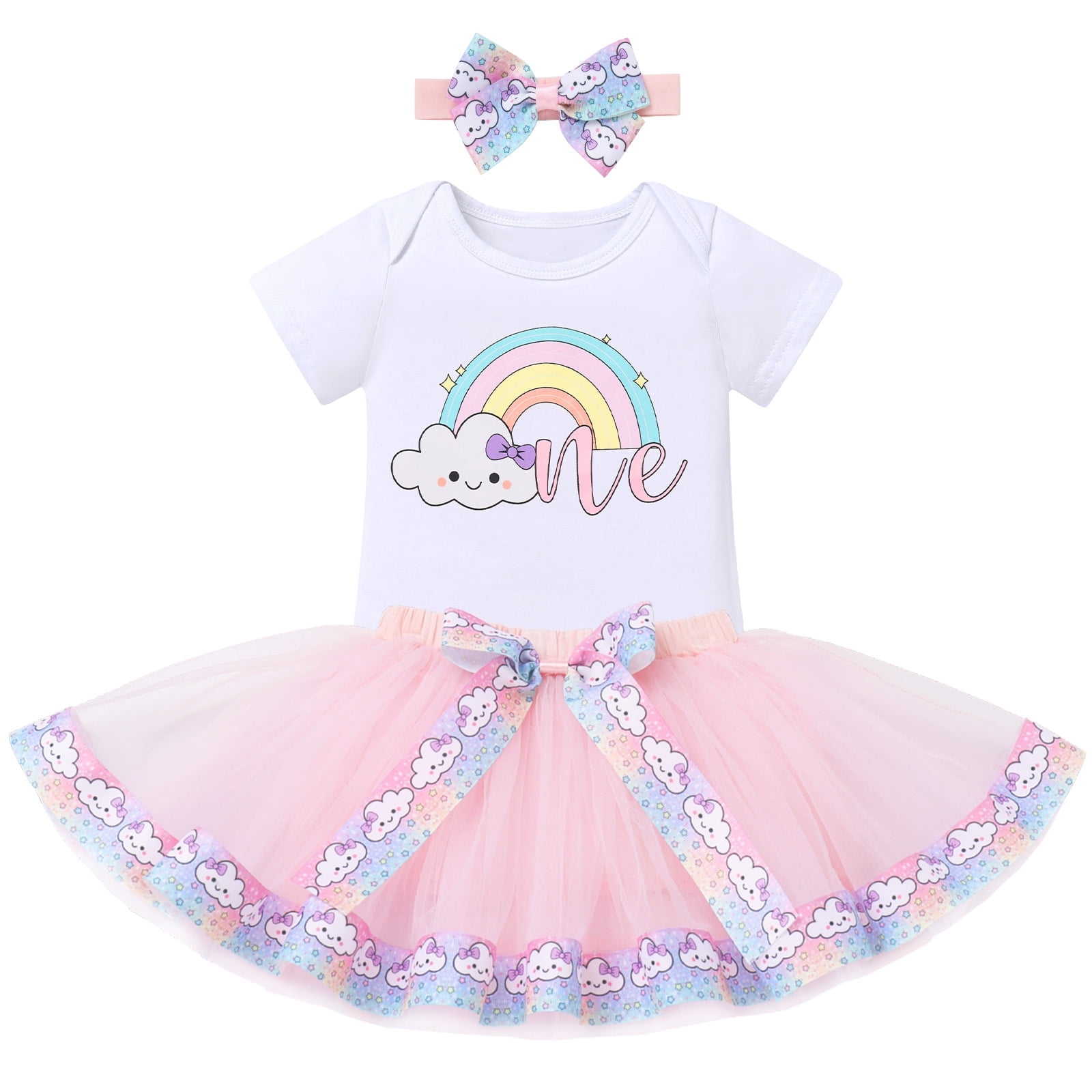 IBTOM CASTLE Infant Baby Girls 1st Birthday Outfits Short Sleeve Romper + Tutu Skirt + Headband 3PCS Set for Cake Smash Photoshoot 1 Year Pink