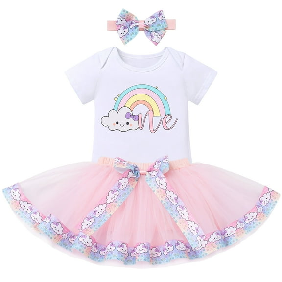 IBTOM CASTLE Infant Baby Girls 1st Birthday Outfits Short Sleeve Romper Tutu Skirt Headband 3PCS Set for Cake Smash Photoshoot 1 Year Pink