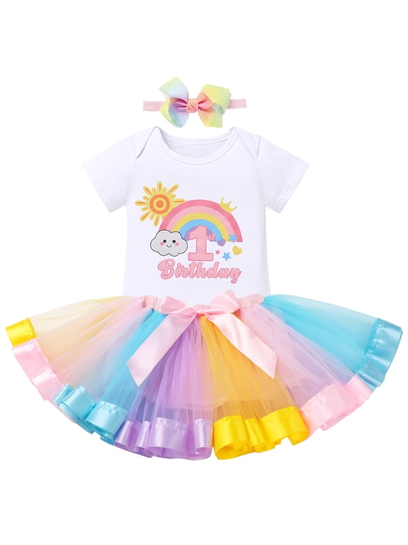 Infant Baby Girls 1st Birthday Outfits Short Sleeve Romper + Tutu Skirt + Headband 3PCS Set for Cake Smash Photoshoot 1 Year Rainbow