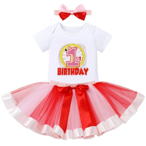 IBTOM CASTLE Infant Baby Girls 1st Birthday Outfits Short Sleeve Romper   Tutu Skirt   Headband 3PCS Set for Cake Smash Photoshoot 1 Year Red   Pink