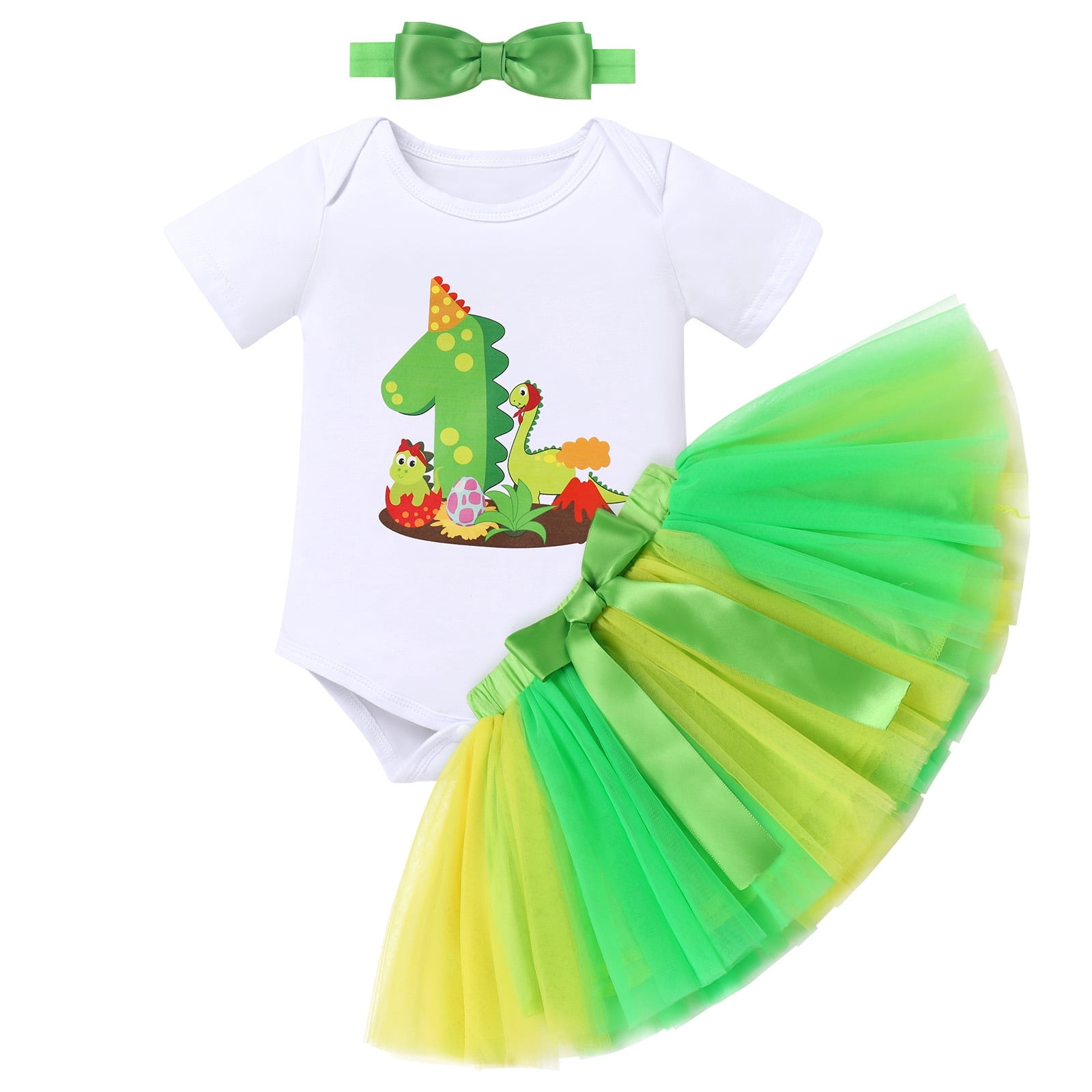 IBTOM CASTLE Infant Baby Girls Dinosaur Themed Party 1st Birthday Outfit Princess Romper + Tutu Skirt + Headband Clothes Set for Photo Shoot 1 Year Green