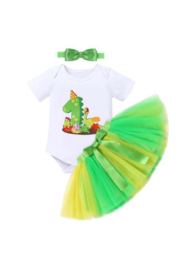 Infant Baby Girls Dinosaur Themed Party 1st Birthday Outfit Princess Romper + Tutu Skirt + Headband Clothes Set for Photo Shoot 1 Year Green