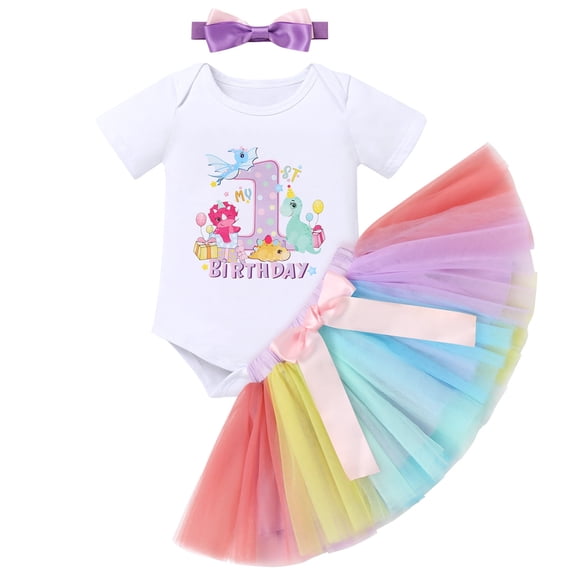 IBTOM CASTLE Infant Baby Girls Dinosaur Themed Party 1st Birthday Outfit Princess Romper + Tutu Skirt + Headband Clothes Set for Photo Shoot 1 Year Light Purple