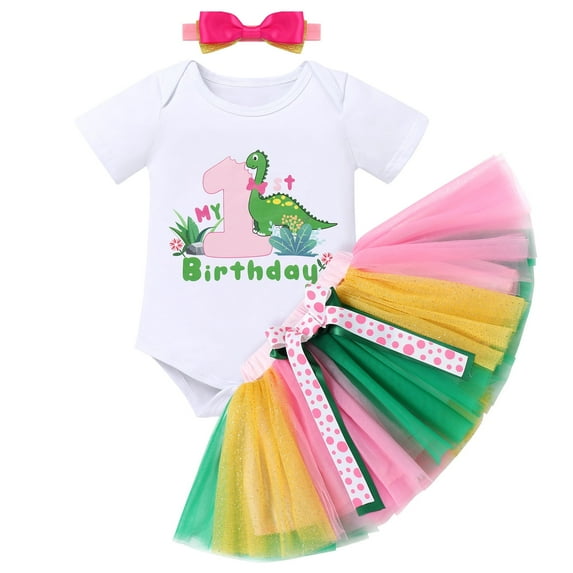 IBTOM CASTLE Infant Baby Girls Dinosaur Themed Party 1st Birthday Outfit Princess Romper + Tutu Skirt + Headband Clothes Set for Photo Shoot 1 Year Pink + Green