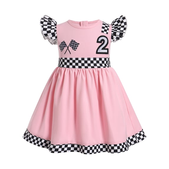 IBTOM CASTLE Infant Girl 1st 2nd Birthday Dress Race Car Driver Dress Flutter Sleeve Racer Fancy Dress up 18-24 Months Pink