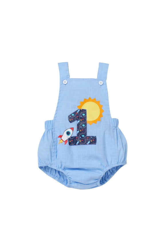 Infant Toddler Baby Boys Boho 1st Birthday Outfit Backless Overalls Romper for Cake Smash Photo Shoot 12-18 Months Blue