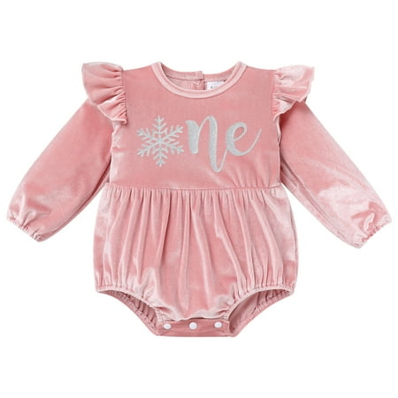 IBTOM CASTLE Infant Baby Girls Velvet Romper First Birthday Outfit Ruffles Long Sleeve Bodysuit Jumpsuit Christmas Fall Winter Clothes for Photo Shoot 12-18 Months Pink + Silver