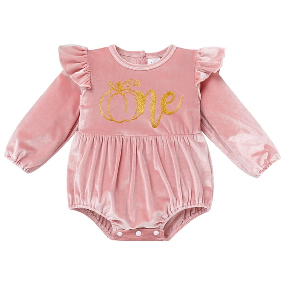 IBTOM CASTLE Infant Baby Girls Velvet Romper First Birthday Outfit Ruffles Long Sleeve Bodysuit Jumpsuit Christmas Fall Winter Clothes for Photo Shoot 6-12 Months Pink   Gold Pumpkin