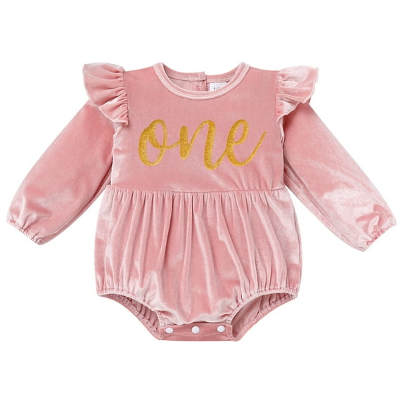 IBTOM CASTLE Infant Baby Girls Velvet Romper First Birthday Outfit Ruffles Long Sleeve Bodysuit Jumpsuit Christmas Fall Winter Clothes for Photo Shoot 6-12 Months Pink + Gold