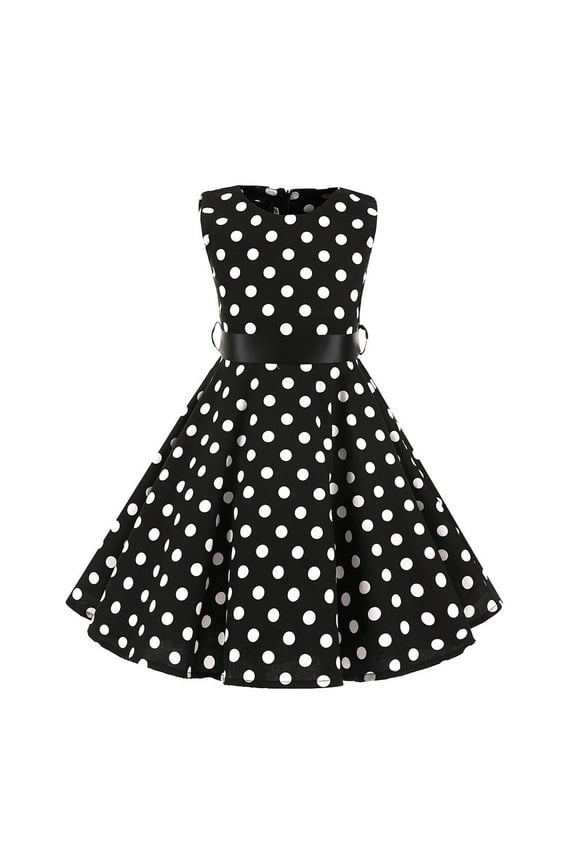 Kids Girls 50s Vintage Polka Dot Casual Dress Swing Rockabilly Prom Party Dresses Audrey Wedding Formal Cocktail Evening Gown 11-12 Years Black