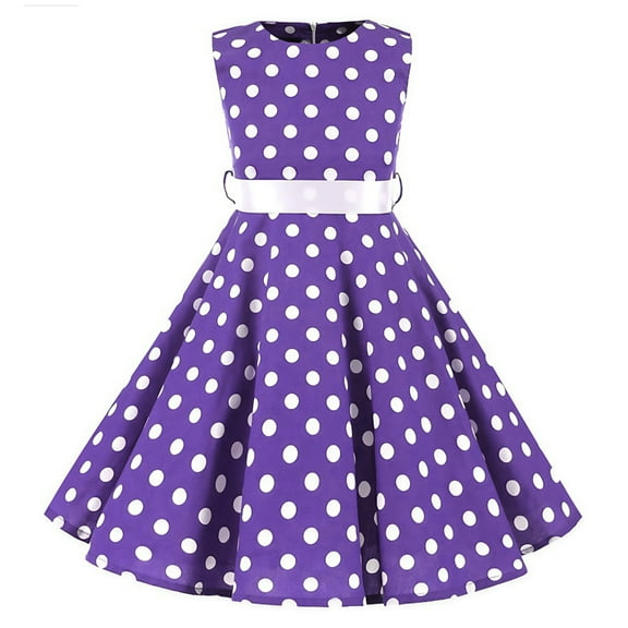 IBTOM CASTLE Kids Girls 50s Vintage Polka Dot Casual Dress Swing Rockabilly Prom Party Dresses Audrey Wedding Formal Cocktail Evening Gown 4-5 Years Purple
